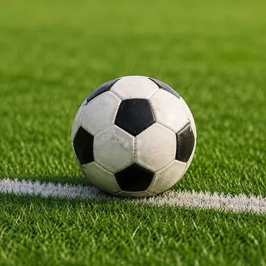 芝生のライン上に置かれたサッカーボール